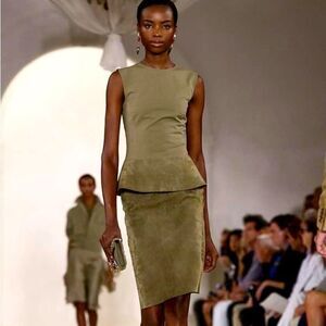 Ralph Lauren Spring 2015 Collection Olive Italian Lamb-suede 2 Pc. Skirt Set